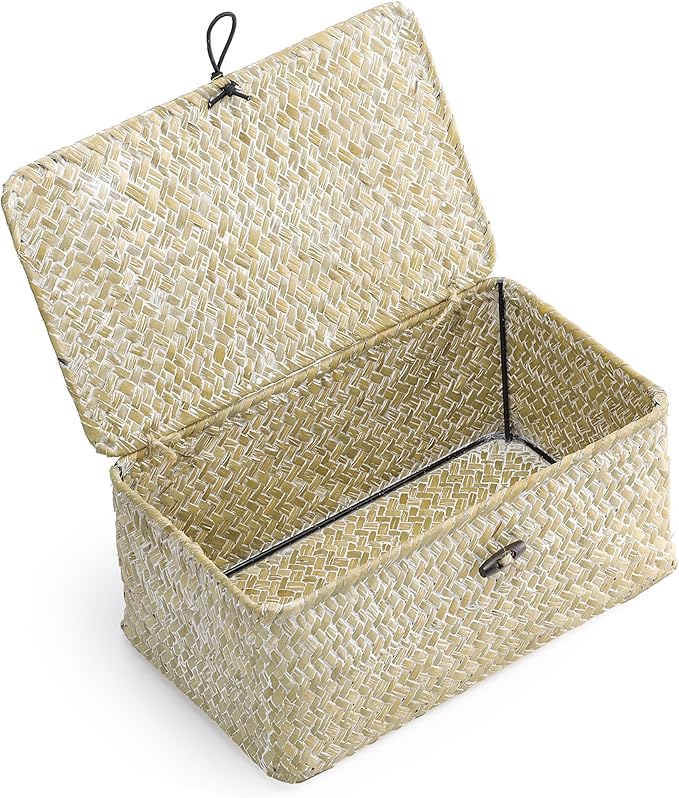 Nonam Small Basket with Lid, Natural Seagrass Bin with Lid, Shelf Baskets Multipurpose Container for Boho Decoration, Rectangular Household Storage Boxes for Home Organization-White