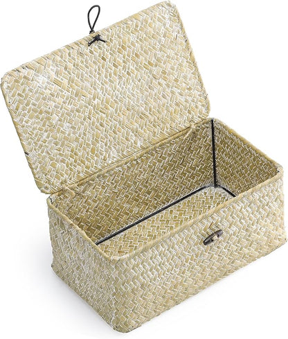 Nonam Small Basket with Lid, Natural Seagrass Bin with Lid, Shelf Baskets Multipurpose Container for Boho Decoration, Rectangular Household Storage Boxes for Home Organization-White