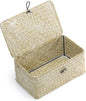 Nonam Small Basket with Lid, Natural Seagrass Bin with Lid, Shelf Baskets Multipurpose Container for Boho Decoration, Rectangular Household Storage Boxes for Home Organization-White