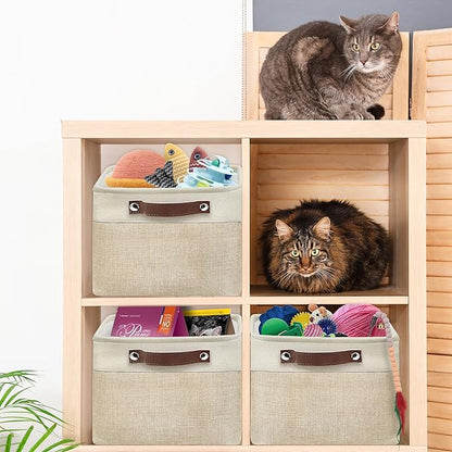 Simple Houseware 15" x 11" Large Fabric Storage Bin for Closet and Shelves, Leather Like Handles, 3 Pack, Beige