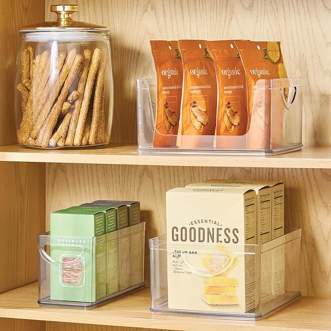 iDesign Plastic Stackable Kitchen Cabinet Storage Bin with Handles - Clear Pantry Organizer, 4-Pack
