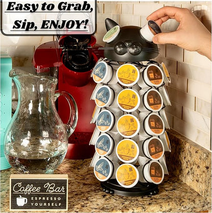 Made Easy Kit Carousel 360 Coffee Pod Holder, Compatible with Keurig K-Pods K-Cups, Countertop Rack Storage Organizer, Metal Home and Kitchen Decor, Capsule Café Station Bar (Small, Black Cat)