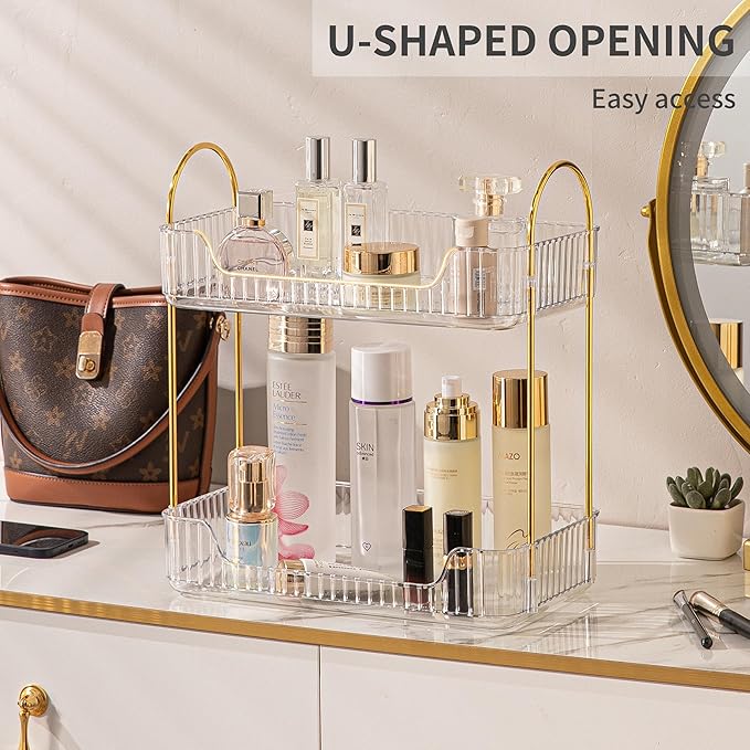 Akinbas 2 Tier Bathroom Organizer Countertop Makeup Perfume Tray Skincare Organizer for Bathroom Dresser Vanity (White)