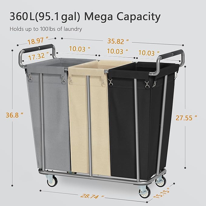 Gewudraw Large laundry hamper with Wheels, 360L 3 Bag Big Rolling Laundry Hamper Sorter Cart, Extra Large Laundry Clothes Hamper, Heavy Duty Laundry Basket Organizer for Laundry Room,Bathroom,Black