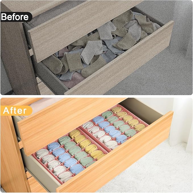 Joyoldelf 4-Pack Pink Fabric Dresser Drawer Organizers, 24-Cell Sock Drawer Divider, Non-woven Material