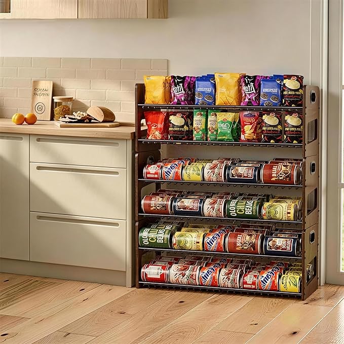 Stackable 2-Tier Can Organizer for Pantry, Space-Saving Pantry Organizer Holds up to 64 Canned Goods, Sturdy Black Shelf for Soup & Food Storage