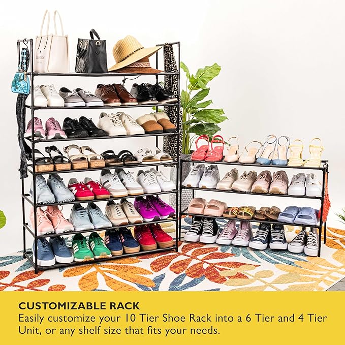 Sundaze Shoe Rack - 10 Tier Shoe Rack for Front Door Entrance, Sturdy Tall Shoe Organizer for Closet, Bedroom, Entryway, Garage, Non Woven Fabric Shelf, Black, Holds Up to 50 Pairs