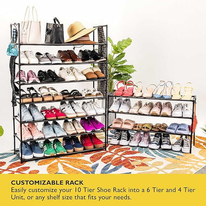 Sundaze Shoe Rack - 10 Tier Shoe Rack for Front Door Entrance, Sturdy Tall Shoe Organizer for Closet, Bedroom, Entryway, Garage, Non Woven Fabric Shelf, Black, Holds Up to 50 Pairs