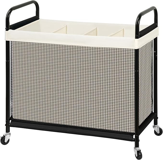 STO STO Laundry Hamper 4 Section, 140L Rolling Laundry Sorter Cart with Removable and Washable Liner Bag, Clothes Hamper with Wheels and Metal Handle for Laundry Room and Bedroom, Beige