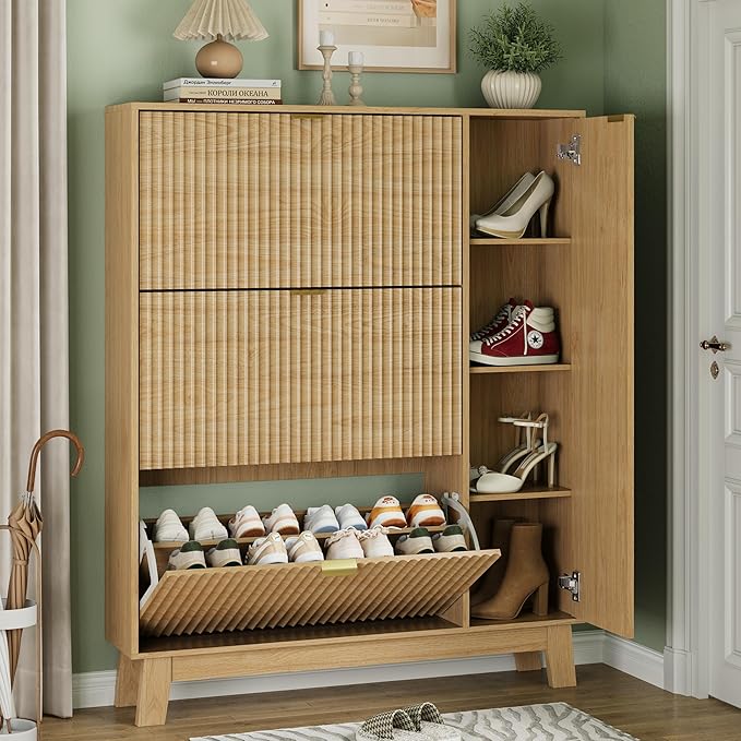 Xixini Shoe Cabinet with 3 Flip Drawers, 54" Tall Narrow Fluted Shoe Storage Organizer for Entryway, Hidden Wooden Shoe Rack with Adjustable Side Cabinet for Front Door Entrance, Hallway, Natural Oak