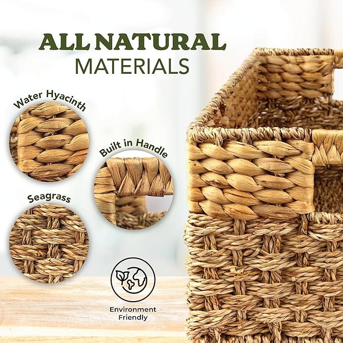Wicker Basket Set of 4, Natural Seagrass and Hyacinth Nesting Storage Baskets with Handles for Organizing Shelves, Closet, Pantry, Living Room, Decorative Wicker Storage Baskets, 4 Pack