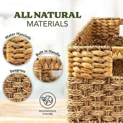 Wicker Basket Set of 4, Natural Seagrass and Hyacinth Nesting Storage Baskets with Handles for Organizing Shelves, Closet, Pantry, Living Room, Decorative Wicker Storage Baskets, 4 Pack