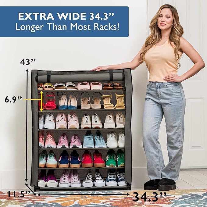 Sundaze Shoe Rack with Cover - 6 Tier Shoe Rack for Front Door Entrance, Sturdy Tall Shoe Organizer for Bedroom, Closet, Garage, Non Woven Fabric Shelf, Grey, Holds Up to 30 Pairs