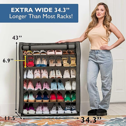 Sundaze Shoe Rack with Cover - 6 Tier Shoe Rack for Front Door Entrance, Sturdy Tall Shoe Organizer for Bedroom, Closet, Garage, Non Woven Fabric Shelf, Grey, Holds Up to 30 Pairs