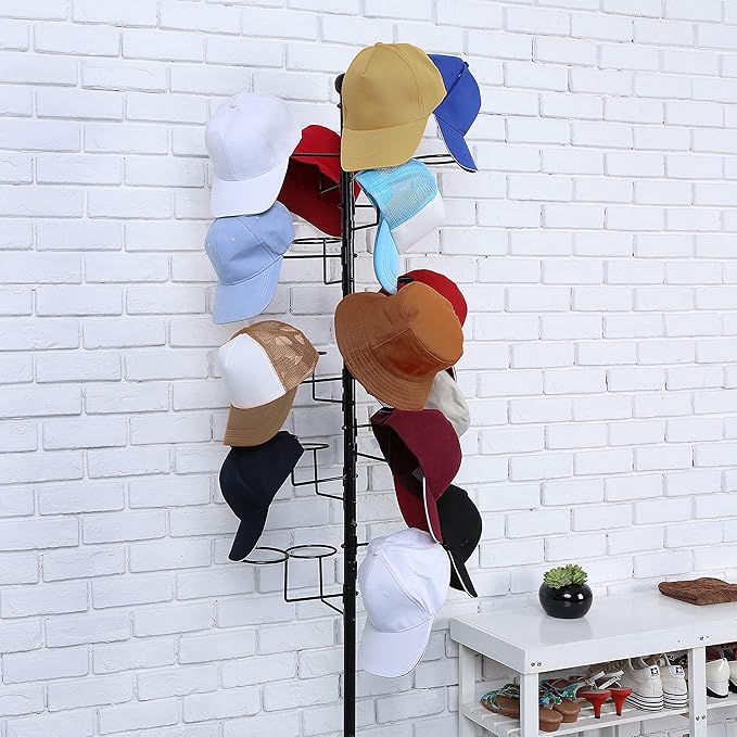 MyGift Large Free Standing Hat Rack Stand, Baseball Cap Organizer Holder, Retail Wig Display with 20 Customizable Circular Hooks, Cowboy Hat Tree, Black Metal