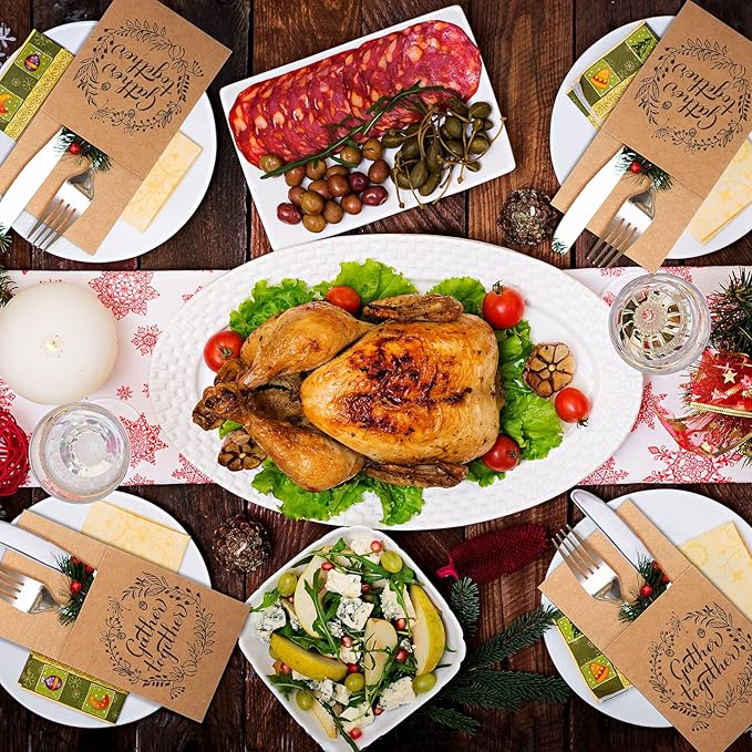 Zhehao 60 Pcs Thanksgiving Cutlery Holder Set Thanksgiving Turkey Utensil Holder Party Utensil Holder Pockets for Autumn Fall Harvest Party Favor Supply Table Decor