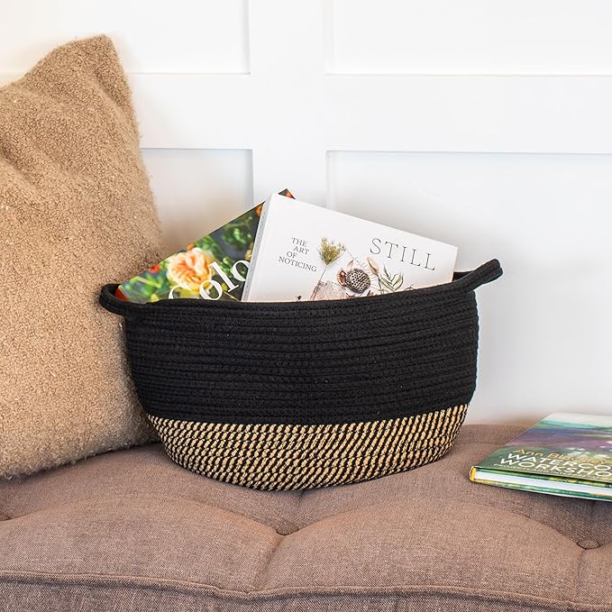 Stylish Cotton Rope Storage Basket For Dog Toys, Magazines or Books - The Perfect Woven Bin with Handles For Everyday Organization Reduces Clutter in Your Rooms - A Decorative Gift & Storage Box
