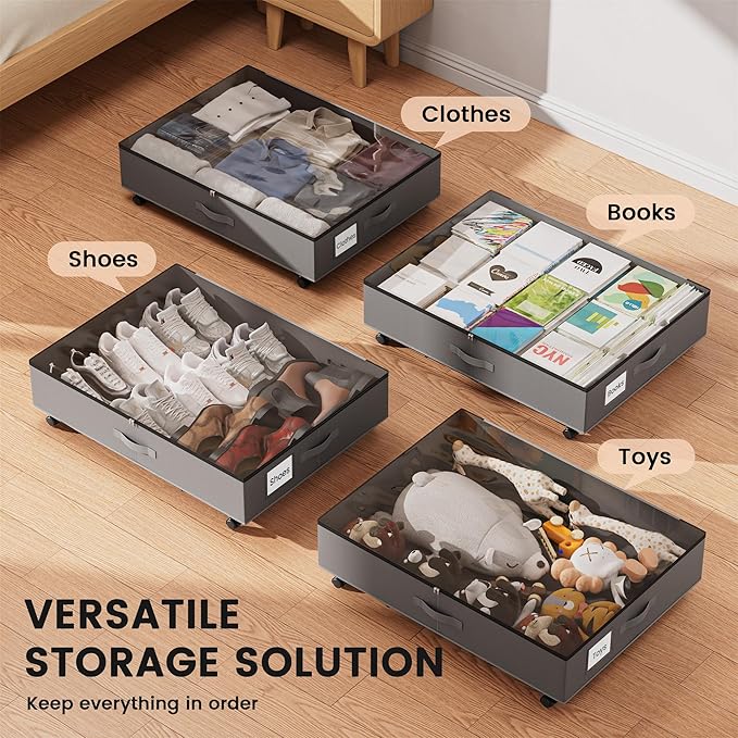 XXXL 78L Under Bed Storage with Wheels, Rolling Storage Containers with Clear Lid & Label, Heavy-Duty Metal Frame, Easy Pull-out, Underbed Storage Bins for Clothes, Shoes, Blankets, and Toys(2PACK)
