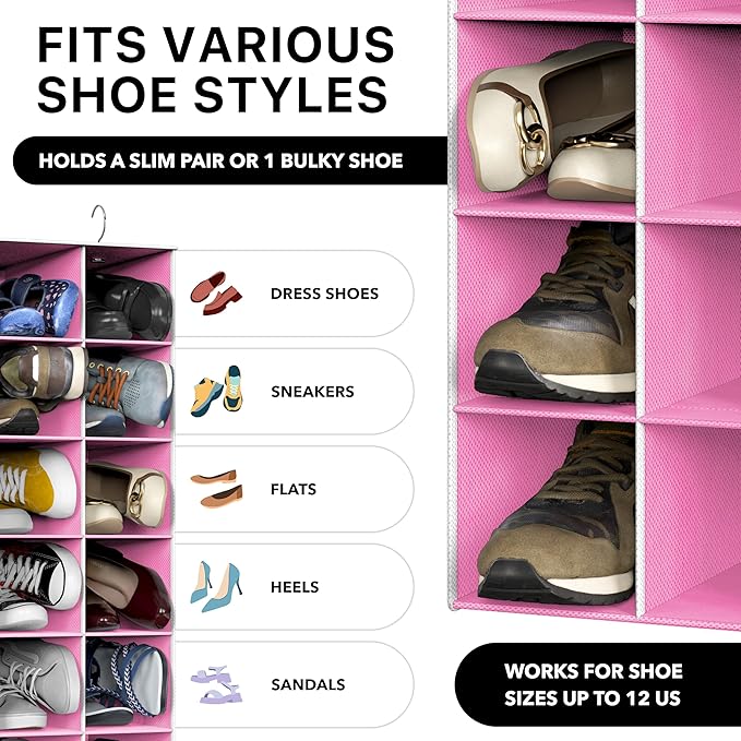 Simple Houseware 20 Section Shelves Hanging Shoes Organizer Holder for Closet, Pink