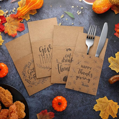 Zhehao 60 Pcs Thanksgiving Cutlery Holder Set Thanksgiving Turkey Utensil Holder Party Utensil Holder Pockets for Autumn Fall Harvest Party Favor Supply Table Decor