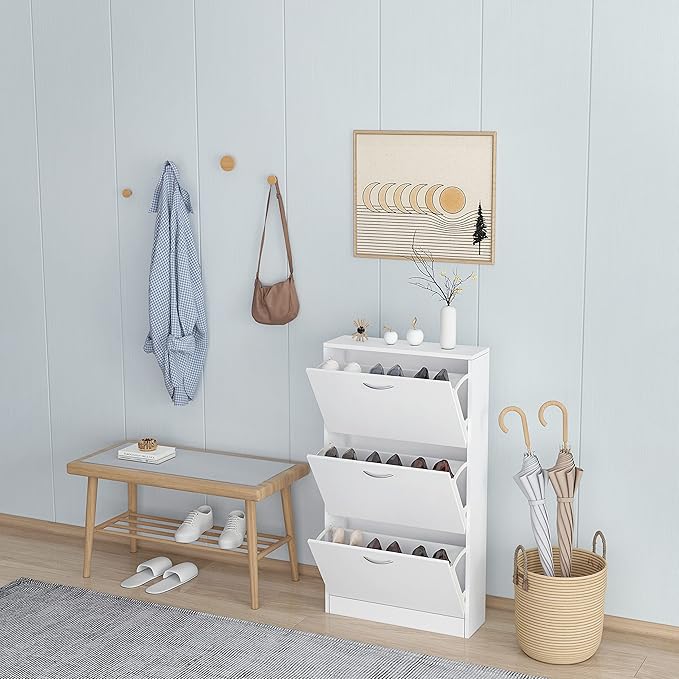 White Narrow Shoe Storage Cabinet - 3-Tier Freestanding Shoe Rack - 3 Flip Drawers Entryway Cupboard Organizer