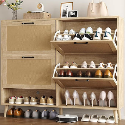 Gadroad Shoe Storage Cabinet with 4 Flip Drawers, Freestanding Shoe Organizer with Wood Legs, Farmhouse Rattan Shoe Rack for Entryway, Living Room, and Bedroom, Natural