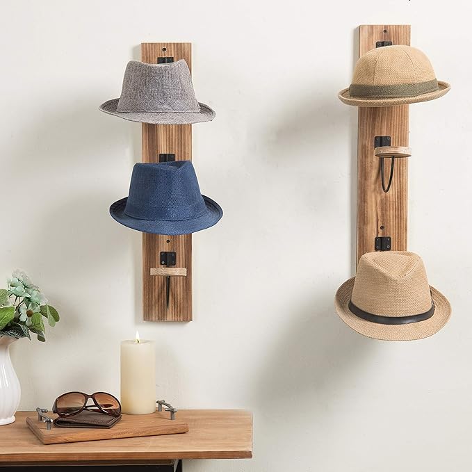 MyGift 2 Pcs Hat Rack Wall Mount, Cowboy Hat Organizer Holder, Coat, Cap Clothes Hanger with Metal Wire and Wood Hooks, Light Burnt