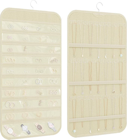Hanging Jewelry Organizer Storage, 40 Pockets 36 Hooks Necklace Earring Bracelet Ring Organizer, Double - Sided Design, Beige