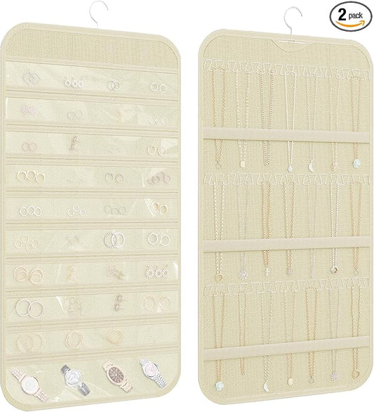 2-Pack Hanging Jewelry Organizer Storage, 40 Pockets 36 Hooks Necklace Earring Bracelet Ring Organizer, Double - Sided Design, Beige