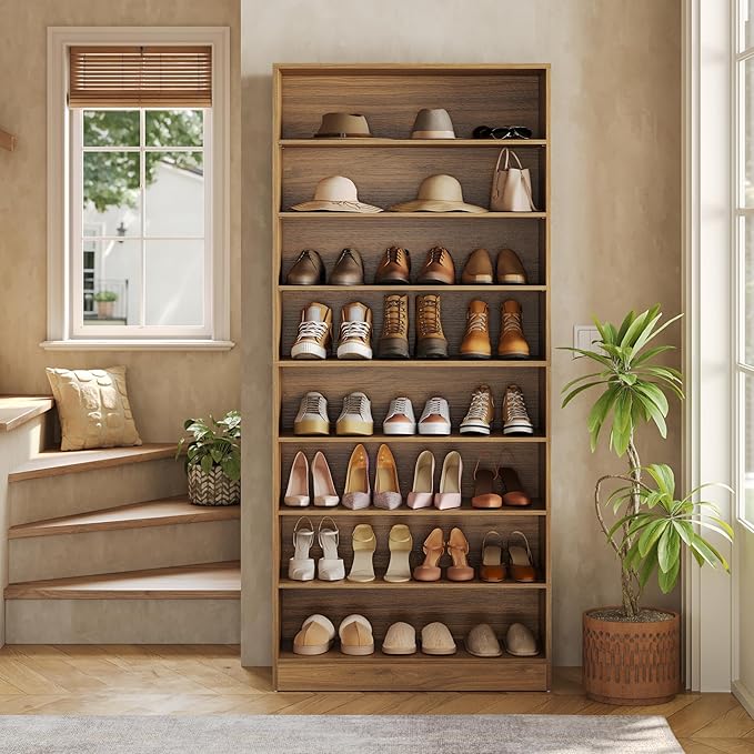 LITTLE TREE 9-Tier Shoe Cabinet, 32 Pairs Wooden Shoes Cabinet with Adjustable Shelves for Entryway, 70.9" Tall Shoe Cabinet, Freestanding Modern Shoe Rack Organizer for Living Room Bedroom, Brown