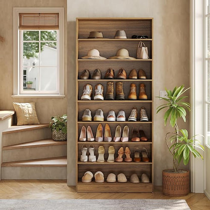 LITTLE TREE 9-Tier Shoe Cabinet, 32 Pairs Wooden Shoes Cabinet with Adjustable Shelves for Entryway, 70.9" Tall Shoe Cabinet, Freestanding Modern Shoe Rack Organizer for Living Room Bedroom, Brown