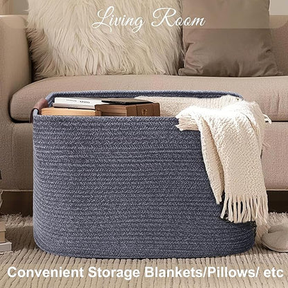 Large Cotton Rope Storage Basket with Leather Handles, Laundry Hamper Baskets, 20 "L x 14" W x 12 "H, Storage Blanket & Toy , Home Decor Basket. (Large Dark Grey)
