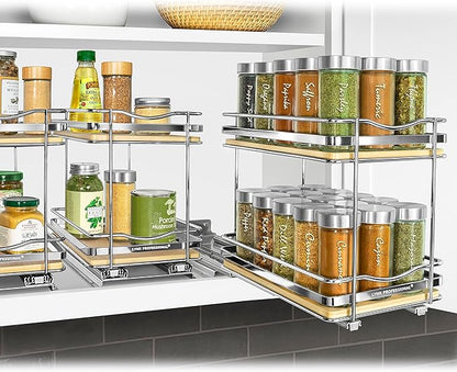 LYNK PROFESSIONAL® Élite™ Pull Out Spice Organization for Cabinets - 6-3/8 inch Wide – Spice Rack for Inside Cabinets – Wood/Chrome - Sliding Spice Rack Organizer for cabinet – Spice Rack - 2 Tier