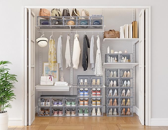 HOMIDEC Shoe Storage, 12 Pack Shoe Organizer for Closet, Shoe Boxes Clear Plastic Stackable Shoe Containers with Lids for Size 13