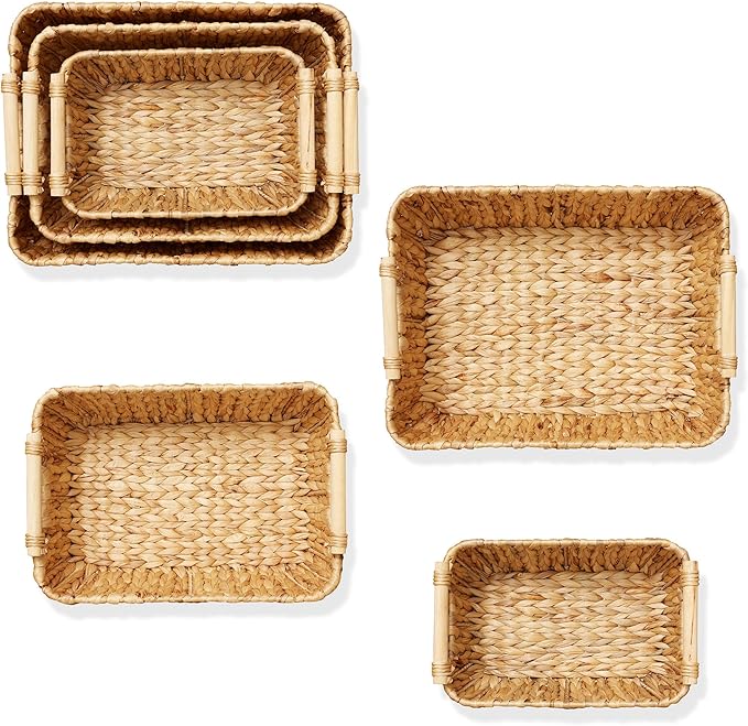 Casafield Set of 3 Water Hyacinth Oval Storage Baskets with Wooden Handles - Small, Medium, Large - Woven Nesting Basket Organizers
