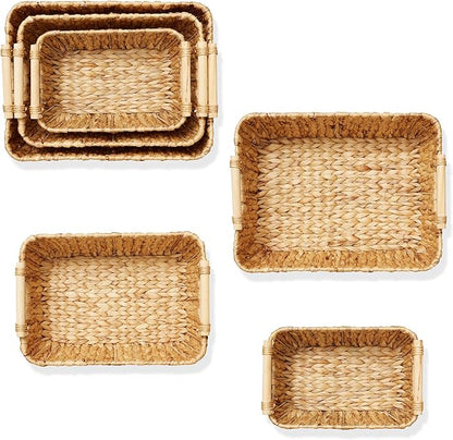 Casafield Set of 3 Water Hyacinth Oval Storage Baskets with Wooden Handles - Small, Medium, Large - Woven Nesting Basket Organizers