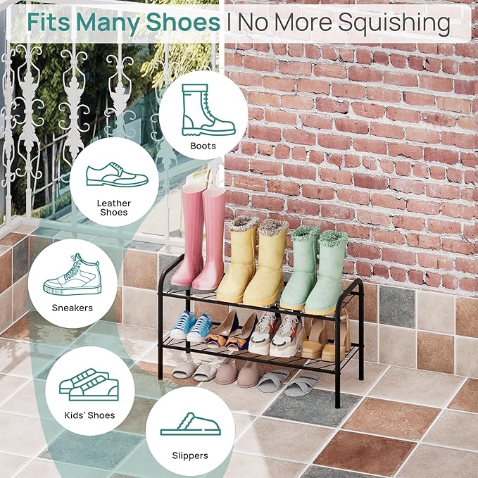 viewcare Shoe Rack for Closet, 2-Tier Small Shoe Rack for Entryway & Garage, Sturdy Metal Construction, Shoe Organizer Holds 4-8 Pairs