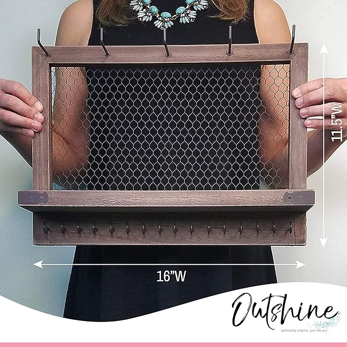 OUTSHINE Large Farmhouse Wall Jewelry Organizer (Espresso) | Wall Organizer For Earrings, Necklace, Bracelet, Hair Accessories | Chicken Wire Earring Holder | For Women, Wife, Mom, Girlfriend