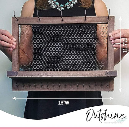 OUTSHINE Large Farmhouse Wall Jewelry Organizer (Espresso) | Wall Organizer For Earrings, Necklace, Bracelet, Hair Accessories | Chicken Wire Earring Holder | For Women, Wife, Mom, Girlfriend