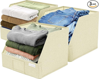 VIVIDECOR Open Front Trapezoid Closet Bins 12x12x10 – Closet Shelf Organizer for Folded Clothes, Easy Access Fabric Storage Baskets – Light Beige, 3 Pack