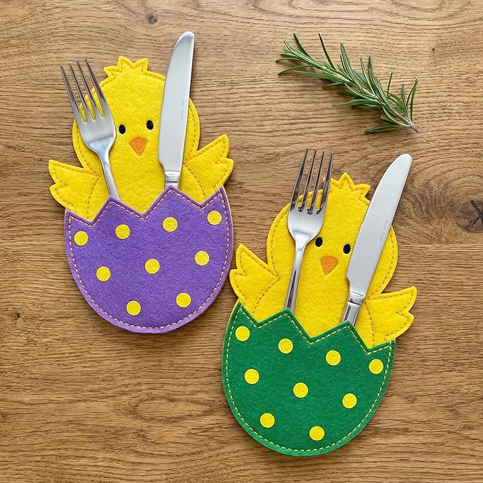8 Pcs Easter Chick Cutlery Holders, 4 Assorted Colors Felt Tableware Pockets, Cute Chick Eggshell Silverware Pouches for Spring Party Table Decorations, Easter Brunch & Outdoor Picnic Decor