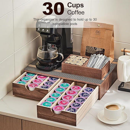 SMARTAKE Wooden K Cup Organizer Coffee Pod Storage Box, Coffee Pod Tea Organizer and Storage, K Pod Drawer Coffee Maker Stand, Kcup Holder for Countertop Kitchen Office Coffee Bar, 30 Pod Capacity