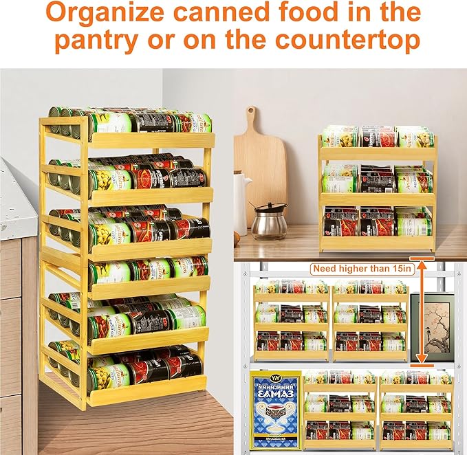 MinBoo Bamboo Can Organizer for Pantry - Stackable Can Dispensers for 36 Cans, Canned Food Storage, Pantry Shelf, Kitchen Cabinet or Countertop