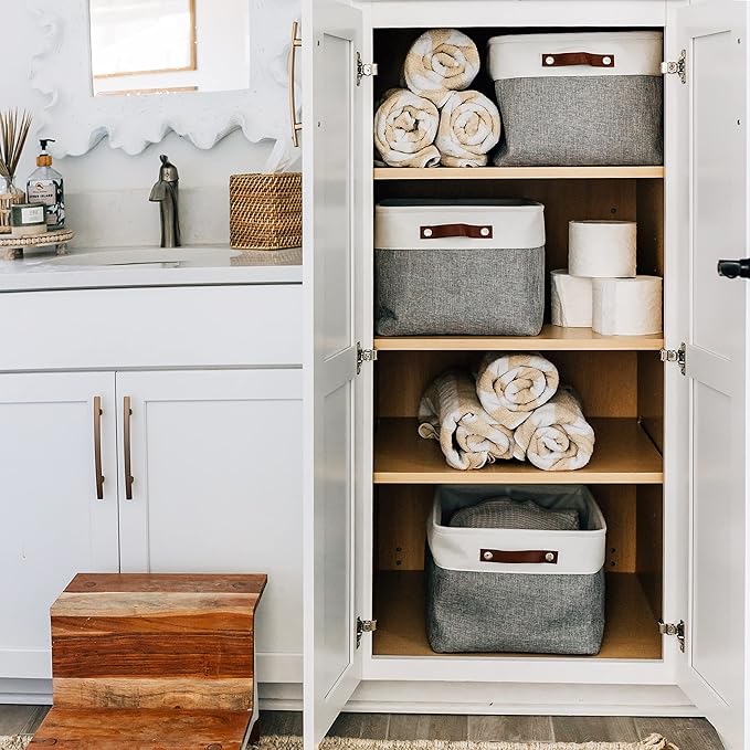 OrganiHaus 16x12.5in Canvas Storage Baskets 3 Pack | EXTRA LARGE Fabric Bins for Shelves | Linen Closet Organizer | Gray/Off-White
