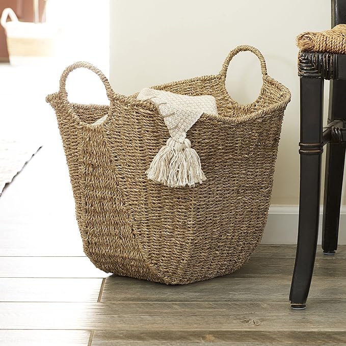 Household Essentials Brown Wicker Storage Basket with Handles Large | Natural Seagrass