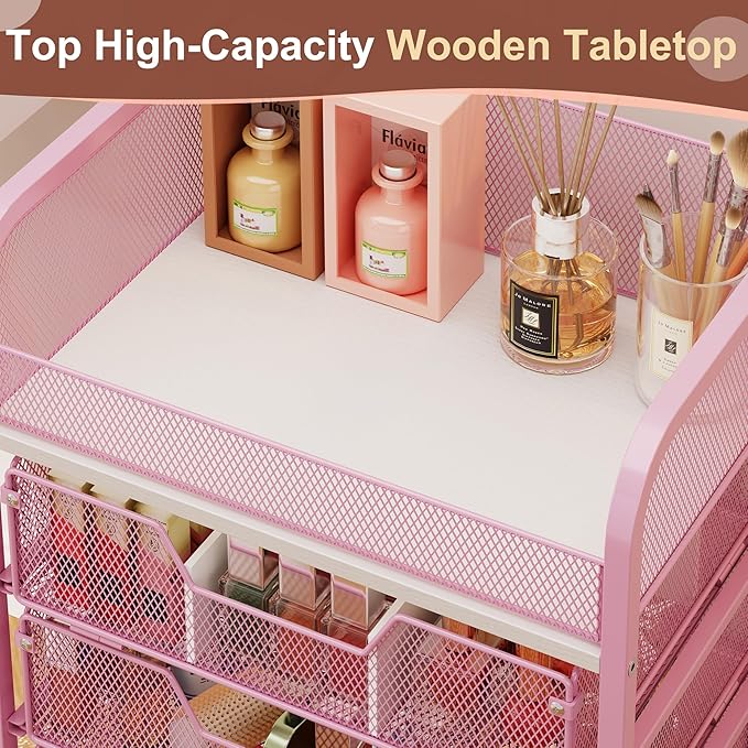 Hongtamoya Makeup Cart Organizer with 4 Drawers, Large Floor Skincare Organizers, Vanity Storage Organizer Cosmetics Display Cases for Skin Care Perfume Nail Polish, Pink