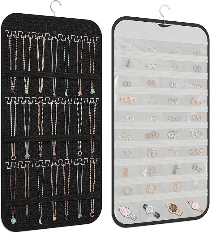 Hanging Jewelry Organizer Storage, 40 Pockets 36 Hooks Necklace Earring Bracelet Ring Organizer, Double - Sided Design, Black and White