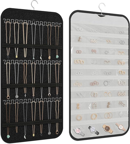 Hanging Jewelry Organizer Storage, 40 Pockets 36 Hooks Necklace Earring Bracelet Ring Organizer, Double - Sided Design, Black and White