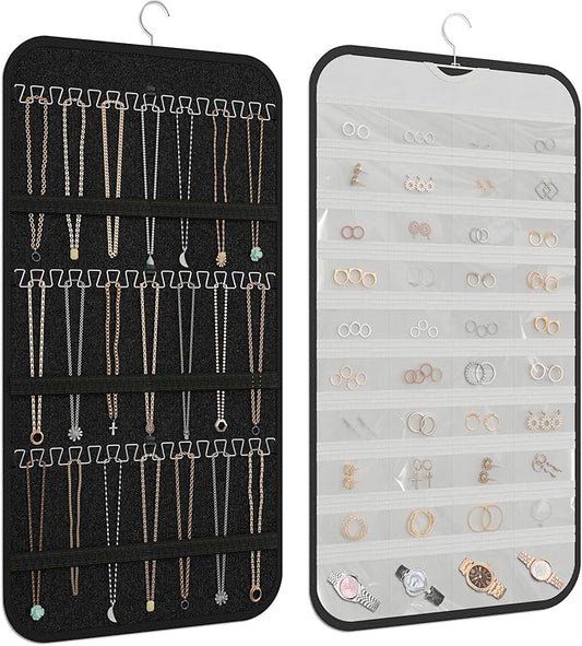 Hanging Jewelry Organizer Storage, 40 Pockets 36 Hooks Necklace Earring Bracelet Ring Organizer, Double - Sided Design, Black and White