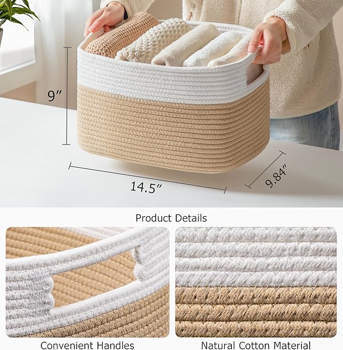 UBBCARE 4 Pack Storage Baskets for Organizing, Shelf Baskets with Handles, Woven Storage Baskets for Bookcase/Cube Shelf/Closet, 14.5"L x 9.8"W x 9"H, White&Brown